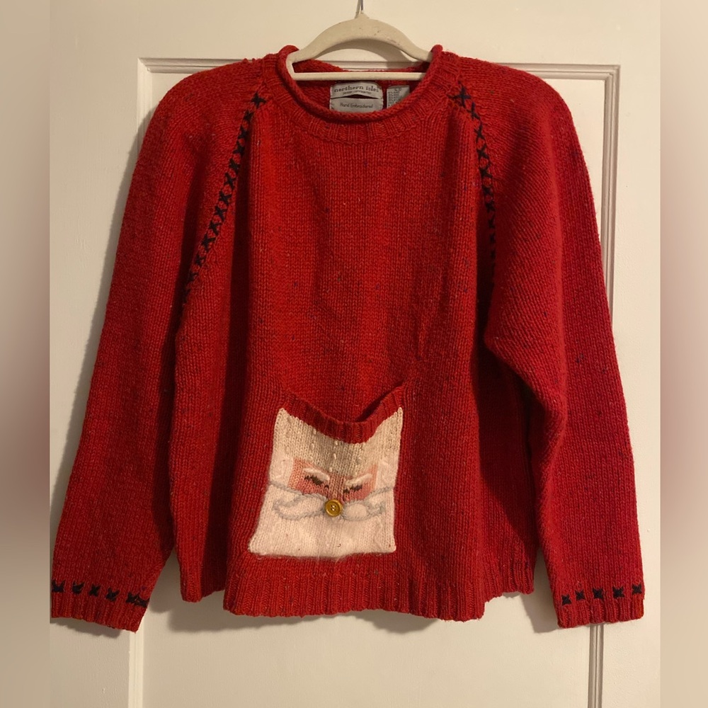 Norther Isles Hand Embroidered Ugly Christmas Santa Pocket Sweater Size Large